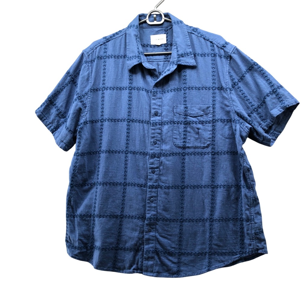 Lucky Brand Embroidered Windowpane Shirt Mens XL Blue Short Sleeve Cotton Casual